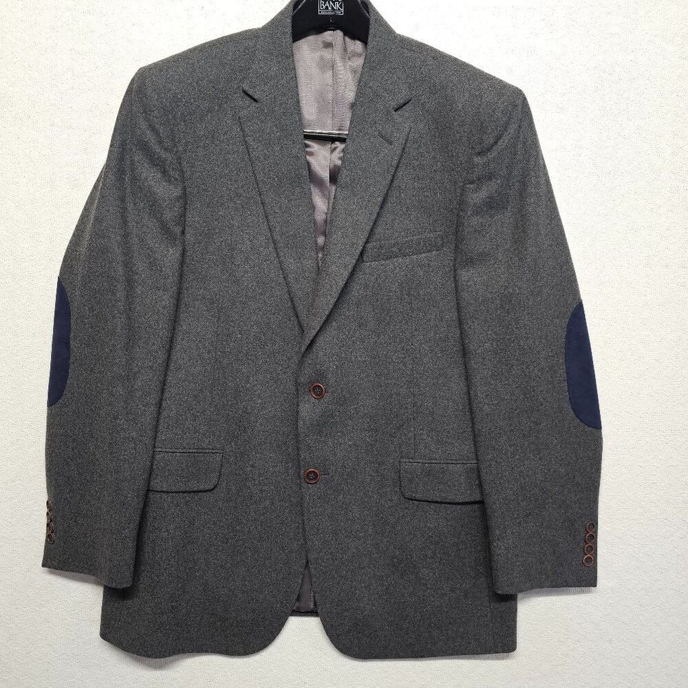 Jos. A. Bank Tailored Fit Blazer 44L Gray Wool Blue Elbow Patches 2-Button Sport